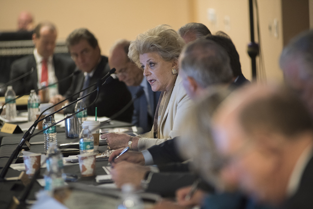 Las Vegas Mayor Carolyn Goodman speaks at the Southern Nevada Tourism Infrastructure Committee during a meeting about potential stadium sites at the UNLV Stan Fulton-International Gaming Institute ...