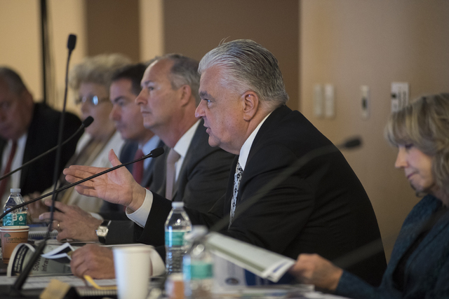 Committee member Steve Sisolak speaks at the Southern Nevada Tourism Infrastructure Committee during a meeting about potential stadium sites at the UNLV Stan Fulton-International Gaming Institute ...