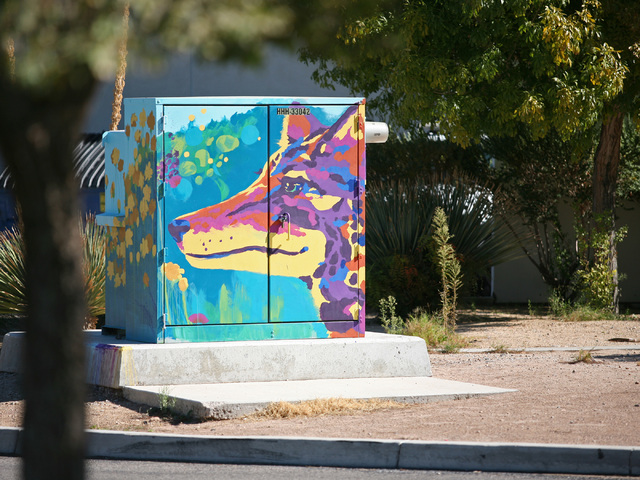 A utility box was painted with a colorful coyote by Tatiana Hantig outside Desert Breeze Park Aquatic Center in 2013 as part of the Zap! Project. View file photo