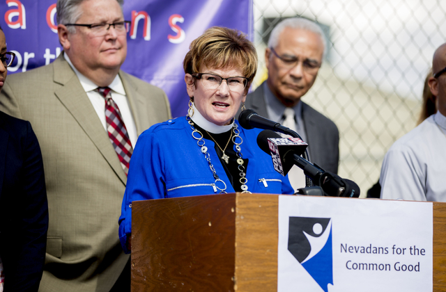 Reverend Dr. Marta Poling Schmitt speaks on behalf of Nevadans for the Common Good regarding their &quot;Seven Hidden Risks in the Stadium Plan&quot; outside of the organization's office,  ...