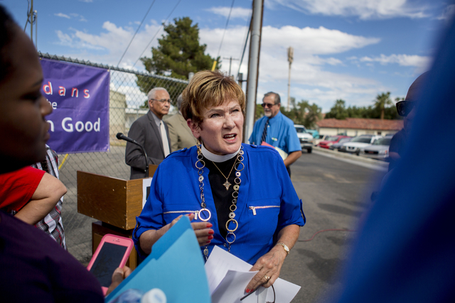 Reverend Dr. Marta Poling Schmitt speaks on behalf of Nevadans for the Common Good regarding their &quot;Seven Hidden Risks in the Stadium Plan&quot; outside of the organization's office,  ...