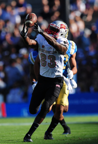 UNLV Rebels wide receiver Devonte Boyd (83) is unable to catch a pass in the first half of their NCAA college football game against UCLA at the Rose Bowl in Pasadena, Calif. Saturday Sept. 10, 201 ...