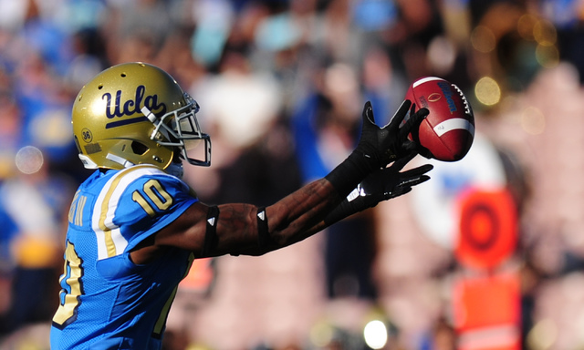 UCLA Bruins wide receiver Kenneth Walker III (10) is unable to catch a pass in the first half of their NCAA college football game against UNLV at the Rose Bowl in Pasadena, Calif. Saturday Sept. 1 ...