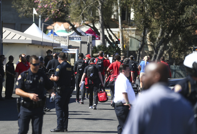 UNLV players and staff arrive for of a football game against UCLA at the Rose Bowl in Pasadena, Calif. on Saturday, Sept. 10, 2016. Chase Stevens/Las Vegas Review-Journal Follow @csstevensphoto