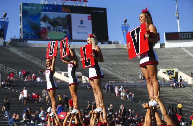UNLV cheerleaders practice ahead of a football game against UCLA at the Rose Bowl in Pasadena, Calif. on Saturday, Sept. 10, 2016. Chase Stevens/Las Vegas Review-Journal Follow @csstevensphoto