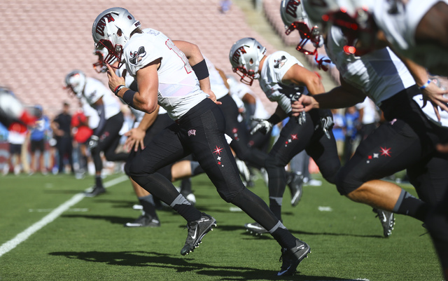 UNLV players warm up ahead of a football game against UCLA at the Rose Bowl in Pasadena, Calif. on Saturday, Sept. 10, 2016. Chase Stevens/Las Vegas Review-Journal Follow @csstevensphoto