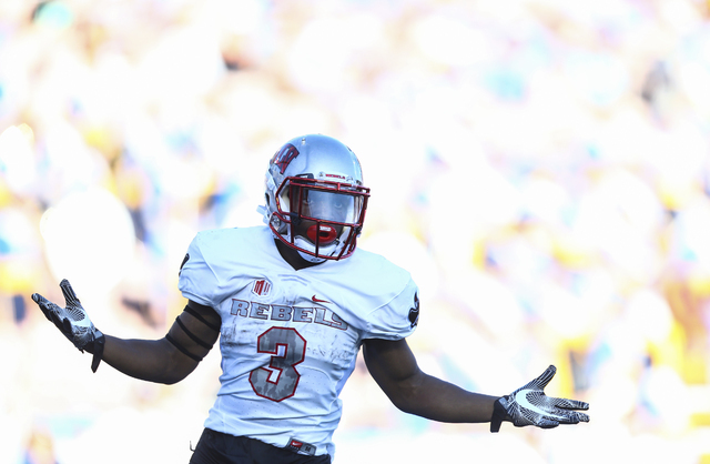 UNLV Rebels running back Lexington Thomas (3) celebrates a touchdown over UCLA during a football game at the Rose Bowl in Pasadena, Calif. on Saturday, Sept. 10, 2016. (Chase Stevens/Las Vegas Rev ...
