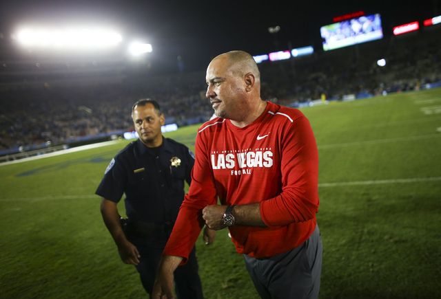 UNLV Rebels head coach Tony Sanchez walks off the field after a football game against UCLA at the Rose Bowl in Pasadena, Calif. on Saturday, Sept. 10, 2016. UCLA won 42-21. Chase Stevens/Las Vegas ...