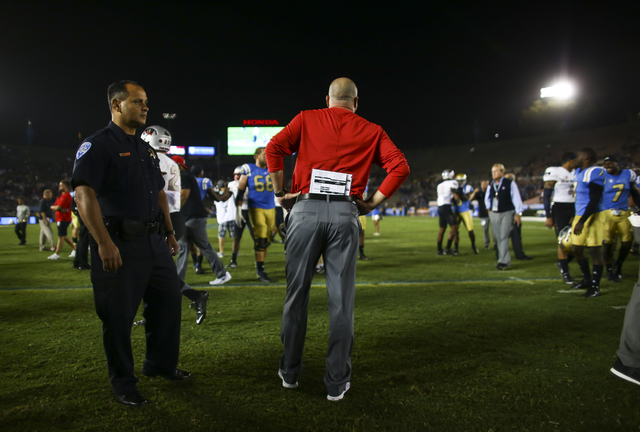 UNLV Rebels head coach Tony Sanchez looks at the field after a football game against UCLA at the Rose Bowl in Pasadena, Calif. on Saturday, Sept. 10, 2016. UCLA won 42-21. Chase Stevens/Las Vegas  ...