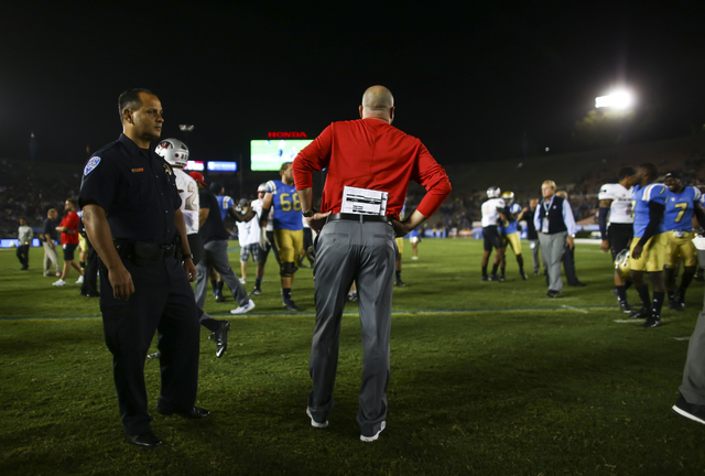 UNLV Rebels head coach Tony Sanchez looks at the field after a football game against UCLA at the Rose Bowl in Pasadena, Calif. on Saturday, Sept. 10, 2016. UCLA won 42-21. Chase Stevens/Las Vegas ...