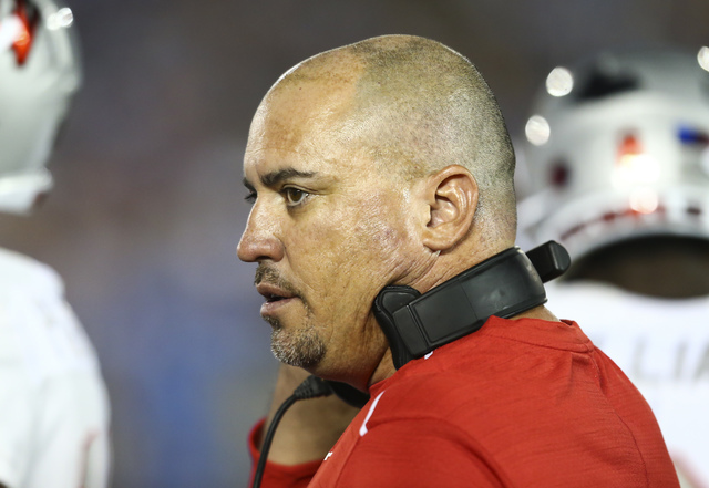 UNLV Rebels head coach Tony Sanchez looks on while his team plays UCLA in a football game at the Rose Bowl in Pasadena, Calif. on Saturday, Sept. 10, 2016. UCLA won 42-21. Chase Stevens/Las Vegas  ...