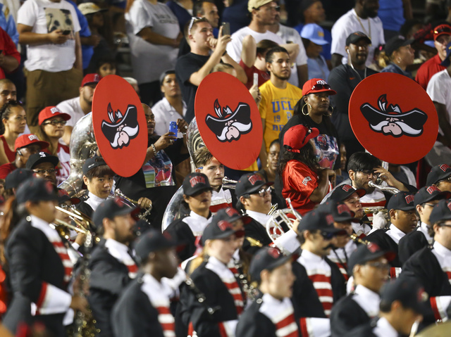 The UNLV band performs as the team plays UCLA in a football game at the Rose Bowl in Pasadena, Calif. on Saturday, Sept. 10, 2016. UCLA won 42-21. Chase Stevens/Las Vegas Review-Journal Follow @cs ...