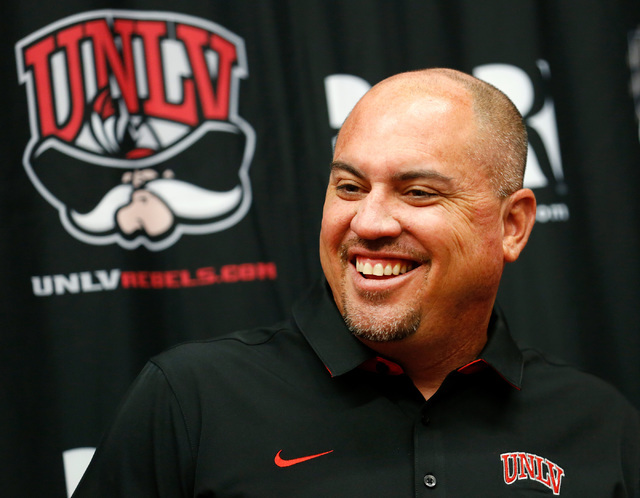 UNLV Rebels Head Coach Tony Sanchez smiles during his weekly news conference in Las Vegas, Tuesday, Sept.13, 2016. UNLV announced the largest single gift in its history on Tuesday as the Fertitta ...