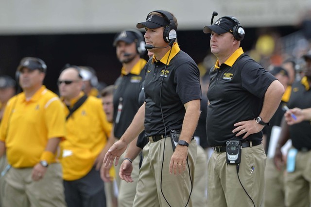 Appalachian State's head coach Scott Satterfiled reacts during the second half of an NCAA college football game against Clemson Saturday, Sept. 12, 2015, in Clemson, S.C. Clemson won 41-10. (AP ...