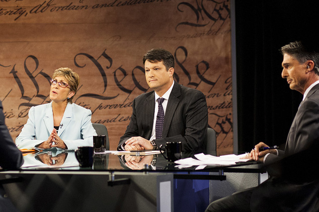 Clark County Commissioner for District E, Chris Giunchigliani, left, Joe Brezny, of the Nevada Cannabis Industry Association, center, and moderator and former ‘Nevada Week in Review’ host Mitc ...