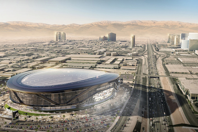 A rendering shows how the proposed domed stadium for Las Vegas might look on land west of Interstate 15 and Mandalay Bay. (MANICA Architecture)