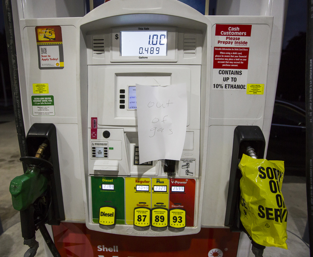 Gas pumps are empty at a Shell gas station after customers filled their gas tanks in advance of Hurricane Matthew in Mt. Pleasant, S.C., Tuesday, Oct. 4, 2016. Hurricane Matthew is expected to aff ...