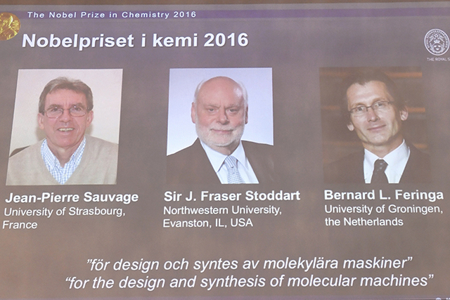 Jean-Pierre Sauvage, Fraser Stoddart and Bernard Feringa have been awarded the Nobel chemistry prize. (Henrik Montgomery /TT via AP)