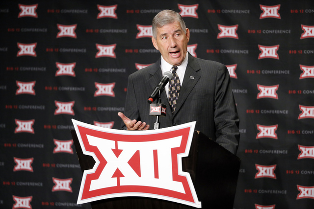 In this July 18, 2016, file photo, Big 12 commissioner Bob Bowlsby addresses attendees during Big 12 media day in Dallas. The Big 12 board of directors meets Monday, Oct. 17, 2016, in Dallas and t ...