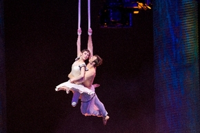 Erica Linz plays Mia and Igor Zaripov plays the aerialist in Cirque du Soleil: Worlds Away. (Las Vegas Review-Journal File)