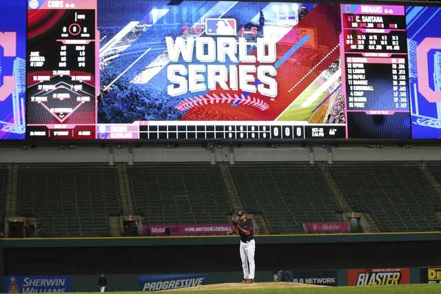 Cleveland Indians' Danny Salazar pitches a simulated game during a team practice for baseball's upcoming World Series against the Chicago Cubs, Sunday, Oct. 23, 2016, in Cleveland. (Aaron Josefczy ...