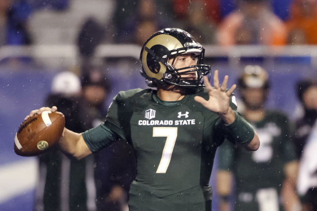 Colorado State quarterback Nick Stevens looks to throw during the first half of the team's NCAA college football game against Boise State in Boise, Idaho, Saturday, Oct. 15, 2016. (Otto Kitsinger/AP)