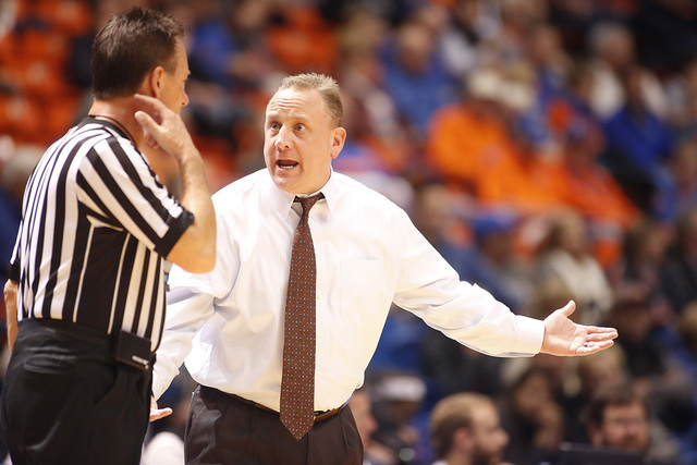 San Jose State head coach Dave Wojcik argues a call during the first half of an NCAA college basketball game against Boise State in Boise, Idaho, Wednesday, Jan. 20, 2016. Boise State won 94-69. ( ...