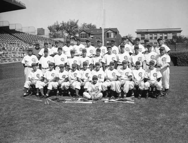 Members of the Chicago Cubs pose for the 1945 team picture in Wrigley Field, Chicago, Aug. 27, 1945. (AP Photo)