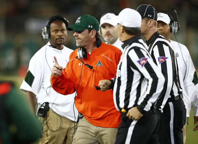 Colorado State Rams head coach Mike Bobo argues with officials in the second half of an NCAA college football game late Saturday, Oct. 8, 2016, in Fort Collins, Colo. Colorado State won 31-24. (Da ...