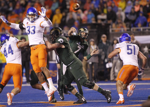 Colorado State quarterback Nick Stevens (7) passes the ball during the first half of an NCAA college football game against Boise State in Boise, Idaho, Saturday, Oct. 15, 2016. Boise State won 28- ...