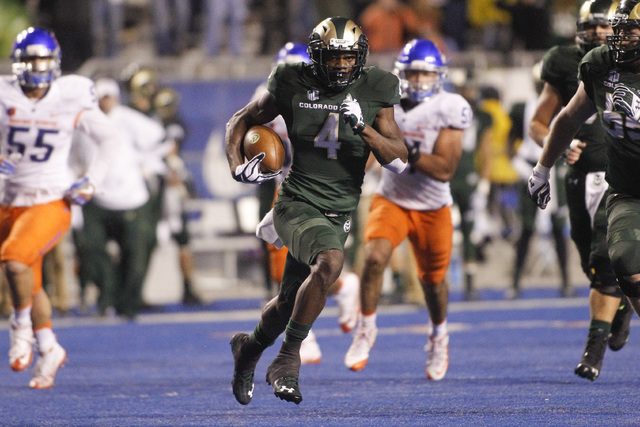 Colorado State wide receiver Michael Gallup (4) runs the ball during the second half of an NCAA college football game against Boise State in Boise, Idaho, Saturday, Oct. 15, 2016. Boise State won  ...