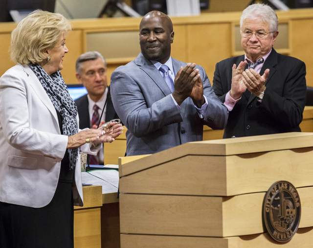 Las Vegas Mayor Carolyn Goodman, left, Councilman Ricki Barlow and Councilman Bob Coffin applaud following a musical performance at a meeting of the Las Vegas City Council on Wednesday, Oct. 05, 2 ...