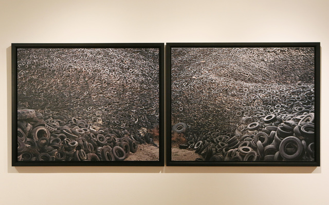 A diptych depicting a massive tire pile in Westley, California, "Oxford Tire Pile #9ab" is part of "Edward Burtynsky: Oil." The award-winning Canadian photographer's exhibit continues through Jan. ...
