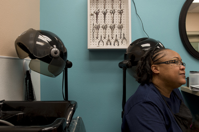 Kimball Kimble listens to her cosmetology instructor during class on Thursday, June 30, 2016, at Florence McClure Women's Correctional Center in North Las Vegas. (Bridget Bennett/Las Vegas Review- ...