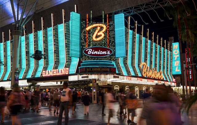The exterior of Binion's hotel-casino is shown along the Fremont Street Experience in downtown Las Vegas on Wednesday, Aug. 10, 2016. (Chase Stevens/Las Vegas Review-Journal Follow @csstevensphoto)