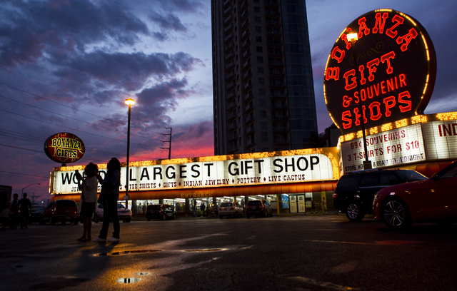 The sun sets behind Bonanza Gift Shop in Las Vegas, on Monday, Oct. 24, 2016. The gift shopճ operator, Haim Gabay, bought the 2-acre property at the northwest corner of Las Vegas Boulevard a ...