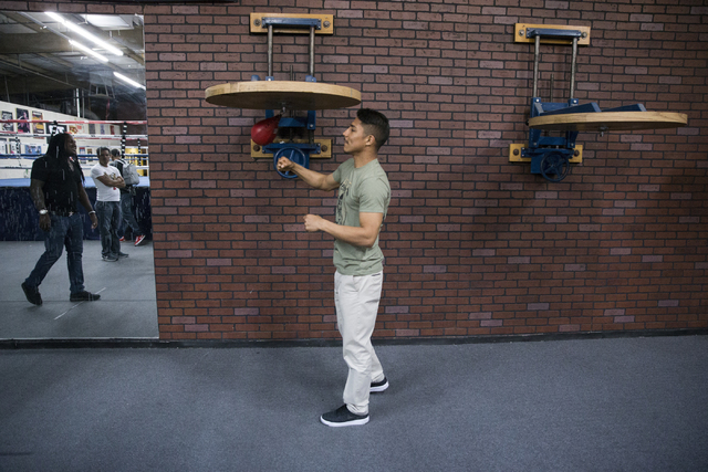 Boxer Jessie Vargas hits the bag during a stop at the Top Rank Gym on Thursday, Oct. 6, 2016, in Las Vegas. Vargas is set to fight against Manny Pacquiao on Nov. 5. (Erik Verduzco/Las Vegas Review ...