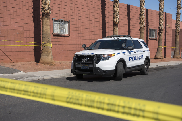 A North Las Vegas Police vehicle is seen at the corner of Tonopah Avenue and Stocker Street on Saturday, Aug. 13, 2016. The investigation is ongoing. (Martin S. Fuentes/Las Vegas Review-Journal)