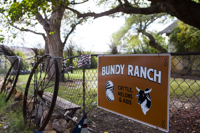 A sign is shown at Bundy Ranch in Bunkerville on Friday, Oct. 28, 2016. Members of an armed group that staged a takeover of the Malheur National Wildlife Refuge near Burns, Ore., including Ammon a ...