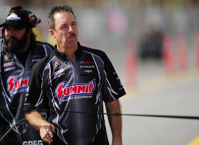 NHRA Mello Yello Series Pro Stock driver Greg Anderson looks during qualifying for the Toyota NHRA Nationals at The Strip at Las Vegas Motor Speedway in Las Vegas Friday, Oct. 28, 2016. Josh Holmb ...