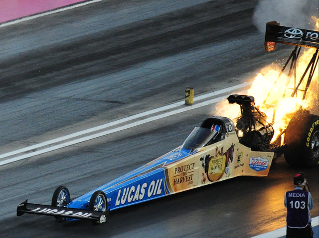 The engine onboard the Top Fuel dragster driven by NHRA Mello Yello Series driver Morgan Lucas explodes during qualifying for the Toyota NHRA Nationals at The Strip at Las Vegas Motor Speedway in  ...