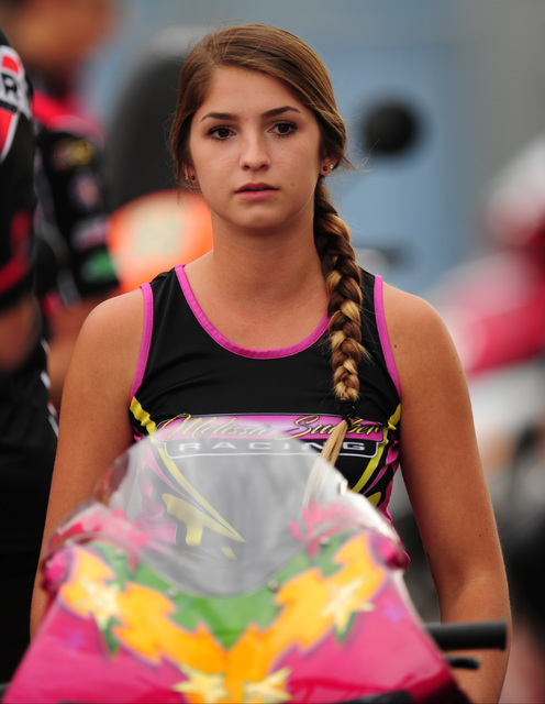 Pro Stock Motorcycle rider Melissa Surber looks on during the second qualifying session for the NHRA Mello Yello Series Toyota Nationals at The Strip at Las Vegas Motor Speedway in Las Vegas Frida ...