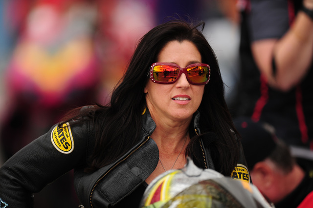 Pro Stock Motorcycle rider Angelle Sampey looks on during the second qualifying session for the NHRA Mello Yello Series Toyota Nationals at The Strip at Las Vegas Motor Speedway in Las Vegas Frida ...