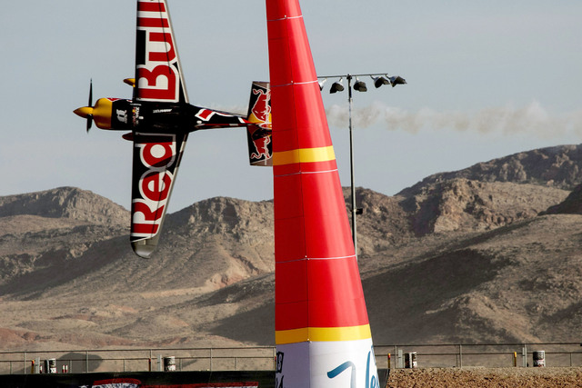Pilot Martin Sonka of the Czech Republic flies his Zivko Edge 540 V3 aircraft on the final day of the Red Bull Air Race World Championship at the Las Vegas Motor Speedway, Sunday, Oct. 16, 2016. ( ...