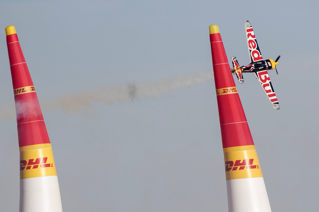 Pilot Martin Sonka of the Czech Republic flies his Zivko Edge 540 V3 aircraft on the final day of the Red Bull Air Race World Championship at the Las Vegas Motor Speedway, Sunday, Oct. 16, 2016. ( ...