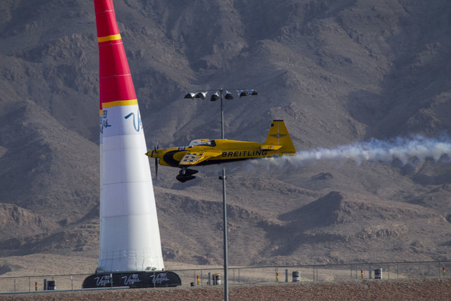 Pilot Nigel Lamb of Great Britain flies his MXS-R aircraft on the final day of the Red Bull Air Race World Championship at the Las Vegas Motor Speedway, Sunday, Oct. 16, 2016. (Richard Brian/Las V ...