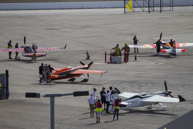 Air race teams prepare their aircraft for flight on the final day of the Red Bull Air Race World Championship at the Las Vegas Motor Speedway, Sunday, Oct. 16, 2016. (Richard Brian/Las Vegas Revie ...