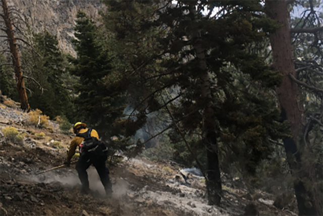 Firefighters extinguish a small wildfire near Mary Jane Falls on Mount Charleston on Sunday, Sept. 29, 2016. (@ClarkCountyNV/Twitter)