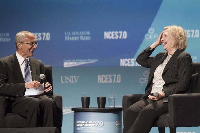 John Podesta, now campaign manager for Hillary Clinton, and the Democratic nominee for president took part in the National Clean Energy Summit in Las Vegas, Sept. 4, 2014. (Jeff Scheid/Las Vegas R ...