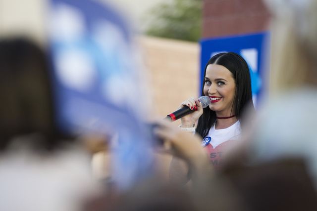 Music artist Katy Perry campaigns for Democratic presidential nominee Hillary Clinton at UNLV on Saturday, Oct. 22, 2016, in Las Vegas. Erik Verduzco/Las Vegas Review-Journal Follow @Erik_Verduzco